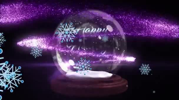 Анімація Різдвяних Сніжинок Падають Снігову Кулю Щасливими Святами Чорному Тлі — стокове відео