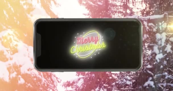 Animación Alegre Texto Navideño Smartphone Sobre Abetos Navidad Invierno Tradición — Vídeo de stock