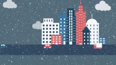 Yılbaşında şehrin üzerine kar ve arabaların düşüşü animasyonu. Noel, kış, gelenek ve kutlama konsepti dijital olarak oluşturulmuş video.