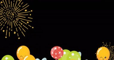 Balonlarla ve siyah arka planda havai fişeklerle ilgili tebrik mesajı animasyonu. parti ve kutlama konsepti dijital olarak oluşturulmuş video.
