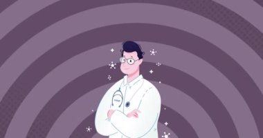 Erkek doktorun etrafında kovid 19 hücrenin animasyonu. küresel covid 19 salgın konsepti dijital olarak oluşturulmuş video.