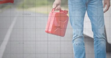 Yakıt tüpü taşıyan adamın finansal veri işleme animasyonu. küresel akaryakıt işi finansal.