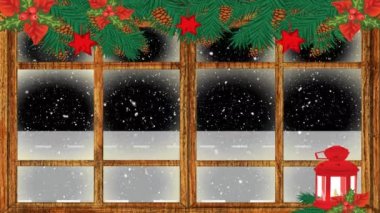 Köknar ağaçlarının animasyonu ve araba ve kar yağışı üzerine Noel süslemeleri. Noel, kış, gelenek ve kutlama konsepti dijital olarak oluşturulmuş video.