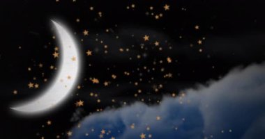 Geceleyin Ay 'la birlikte düşen yılbaşı yıldızlarının animasyonu. Noel, gelenek ve kutlama konsepti dijital olarak oluşturuldu.