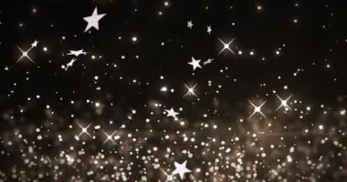 Parlayan kahverengi arka planda düşen noel yıldızlarının animasyonu. Noel, gelenek ve kutlama konsepti dijital olarak oluşturuldu.
