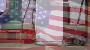 Benzin istasyonundaki kadının üzerinde ABD bayrağı sallama animasyonu. küresel akaryakıt işi finansal.