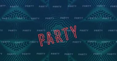Parti neon metninin mavi desen üzerinde tekrarlanması. Klasik iletişim, müzik, parti, renk ve hareket konsepti dijital olarak oluşturulmuş video.