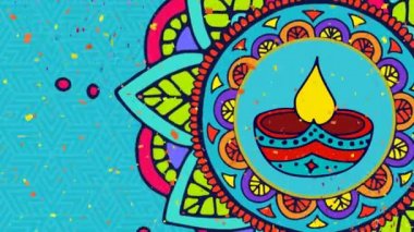Mavi arka planda renkli konfeti ve mum animasyonu. diwali, gelenek ve kutlama konsepti dijital olarak oluşturulmuş video.