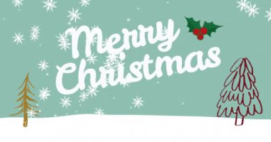 Kar yağarken atılan mutlu noel mesajının animasyonu. Noel, kış, gelenek ve kutlama konsepti dijital olarak oluşturulmuş video.