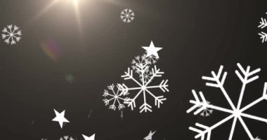 Siyah arka planda düşen Noel yıldızları ve kar tanelerinin animasyonu. Noel, gelenek ve kutlama konsepti dijital olarak oluşturuldu.