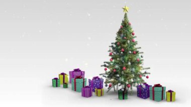 Hediyeler ve kar yağan yılbaşı ağacıyla ilgili mutlu noel mesajlarının animasyonu. Noel, kış, gelenek ve kutlama konsepti dijital olarak oluşturulmuş video.