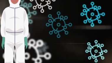 Yüz maskesi takan adamın üzerine düşen kovid 19 hücrenin animasyonu. küresel covid 19 salgın konsepti dijital olarak oluşturulmuş video.