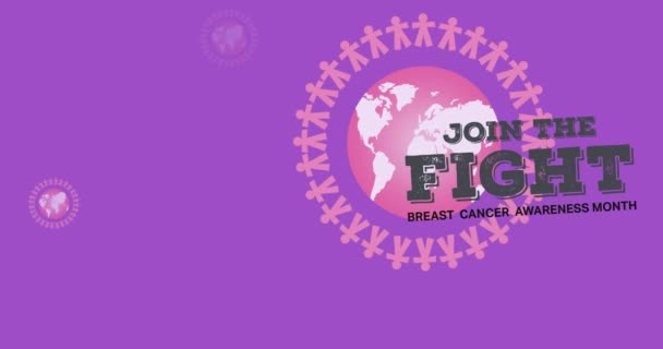 ピンク色の人々と地球上の乳がん意識テキストのアニメーション 乳がん認知キャンペーンのコンセプトデジタル生成ビデオ — ストック動画