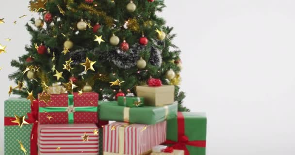 Animation Von Weihnachtssternen Die Über Den Weihnachtsbaum Fallen Weihnachten Tradition — Stockvideo