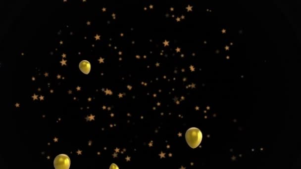 Animacja Złotych Balonów Gwiazd Pływających Czarnym Tle Świętowanie Koncepcja Święta — Wideo stockowe