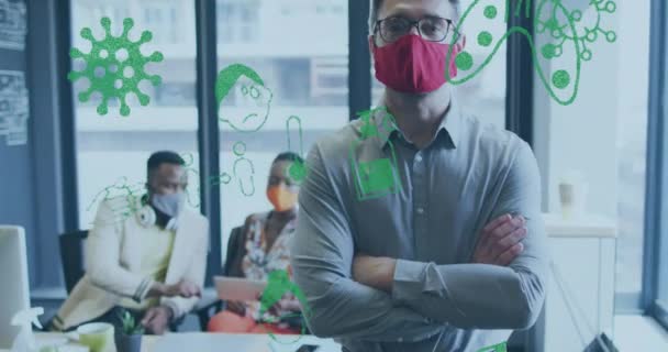 Animation Von Virus Ikonen Über Diverse Geschäftsleute Mit Gesichtsmasken Bei — Stockvideo