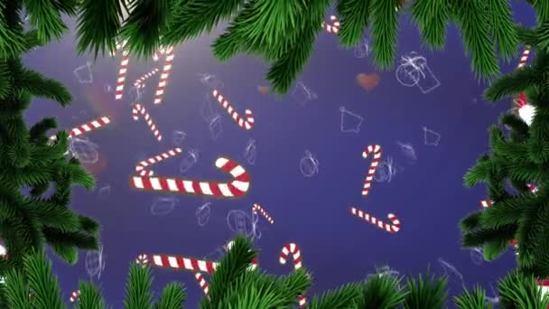 Анімація Ялинки Різдвяних Прикрас Над Цукерками Падають Різдво Зима Традиція — стокове відео