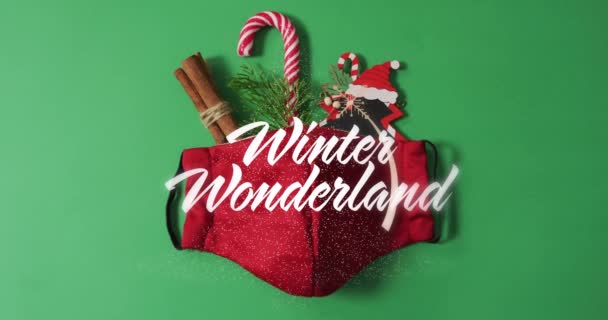 Animation Von Winterwunderland Text Über Gesichtsmaske Und Weihnachtsdekoration Weihnachten Tradition — Stockvideo