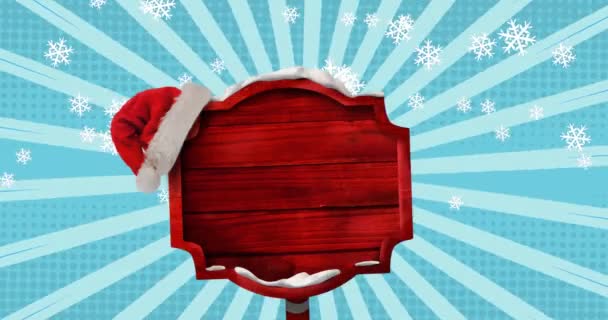 Animation Von Schnee Der Weihnachten Über Ein Holzschild Mit Weihnachtsmütze — Stockvideo