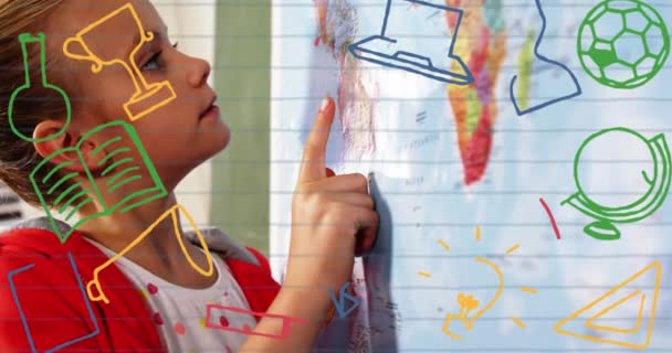 Animáció Iskolai Ikonok Felett Iskolás Lány Nézi Térképet Iskolában Oktatási — Stock videók
