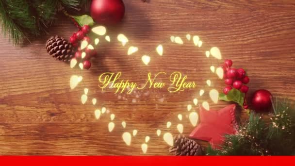 Анимация Счастливого Нового Года Форме Сердца Освещает Декорации Деревянном Фоне — стоковое видео