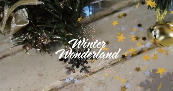 Animation Von Winterwunderland Text Über Weihnachtsdekorationen Weihnachten Tradition Und Festkonzept — Stockvideo