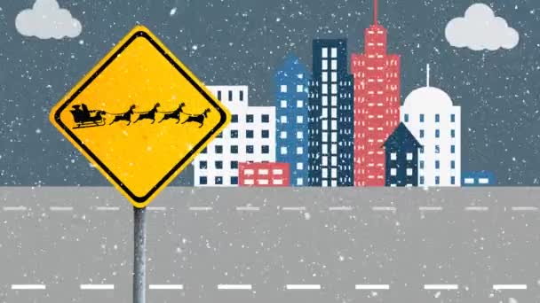 Animación Nieve Cayendo Firmar Con Santa Sobre Ciudad Coche Navidad — Vídeos de Stock