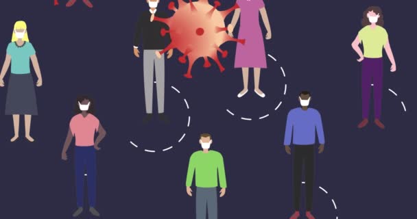 Düşen Kovid Hücrenin Animasyonu Yüz Maskesi Takan Insanların Maskesiyle Karşılaşıyor — Stok video