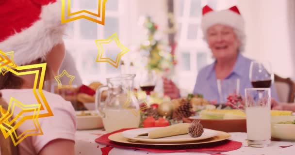 Animation Stars Falling Happy Caucasian Family Wearing Santa Hats Having — Stock Video