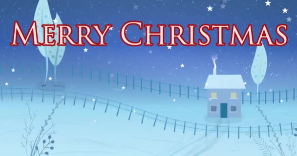 冬の風景の上に陽気なクリスマスのテキストのアニメーション クリスマス 伝統とお祝いのコンセプトデジタルで生成されたビデオ — ストック動画