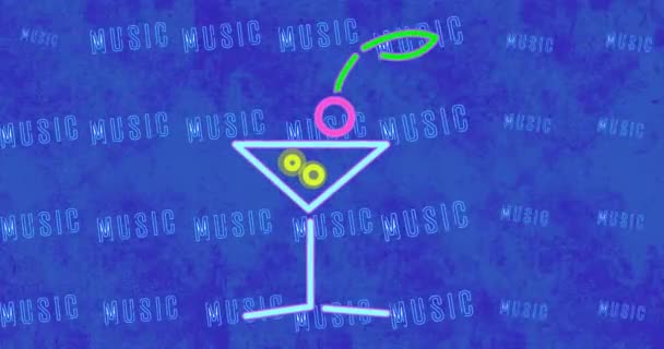 Animation Von Musik Neon Text Und Cocktailglas Auf Blauem Hintergrund — Stockvideo