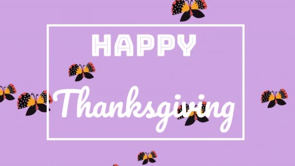 在紫色背景下飘扬的多蝴蝶图标上飘扬着快乐的感恩文字横幅 感恩庆祝的概念 — 图库视频影像