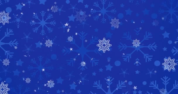 Animación Estrellas Navideñas Cayendo Sobre Copos Nieve Sobre Fondo Azul — Vídeos de Stock