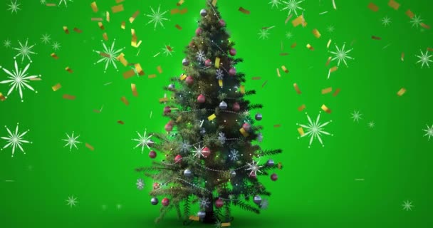 Animatie Van Kerstboom Confetti Vallen Sneeuw Vallen Kerstmis Winter Traditie — Stockvideo