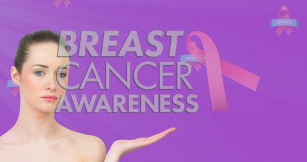 在高加索妇女中宣传乳腺癌知识的文字 乳腺癌认识运动概念数字化生成的视频 — 图库视频影像