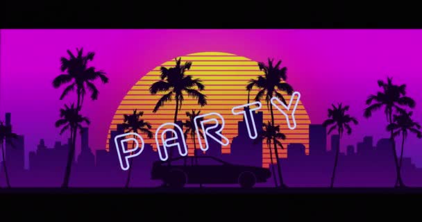Animace Party Neonového Textu Nad Západem Slunce Palmami Městskou Krajinou — Stock video