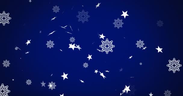 Animación Copos Nieve Navideños Estrellas Cayendo Sobre Fondo Azul Oscuro — Vídeo de stock