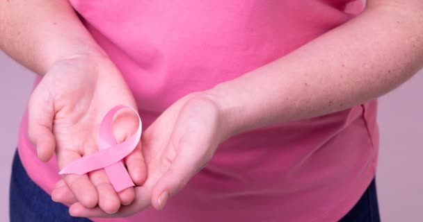 Video Breast Cancer Awareness Text Caucasian Woman Holding Pink Cancer — Stock Video