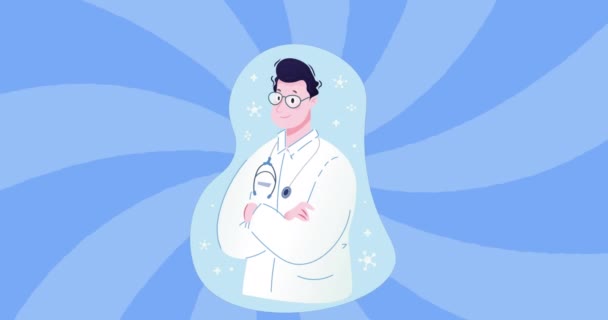 Digital Animation Manlig Läkare Ikon Med Armarna Korsade Mot Blå — Stockvideo