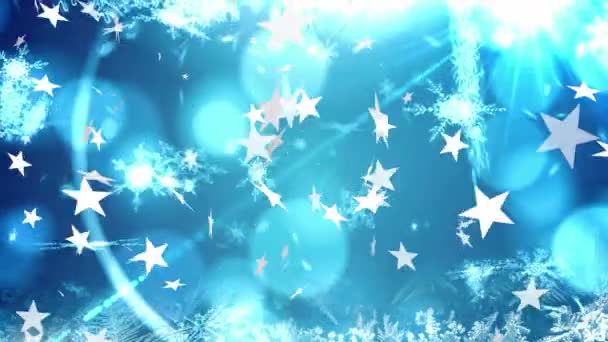 Animação Estrelas Natal Flocos Neve Caindo Sobre Fundo Azul Natal — Vídeo de Stock