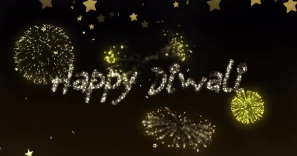 Animation Von Feuerwerk Und Fröhlichem Diwali Auf Schwarzem Hintergrund Diwali — Stockvideo