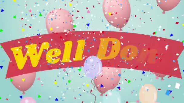 Animation Well Done Text Confetti Balloons Green Background Party Celebration — Stock Video