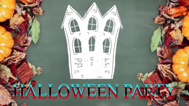 Animación Del Texto Fiesta Halloween Sobre Casa Las Calabazas Halloween — Vídeo de stock