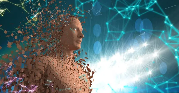 用人工智能和海量的全球数据绘制了男性机器人化身的像素状3D图像 未来主义技术概念 — 图库照片