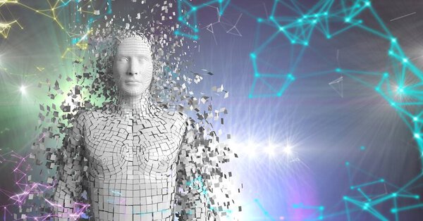 Цифровое изображение пиксельного белого киборга с большими данными и глобальной связью. концепция футуристических технологий