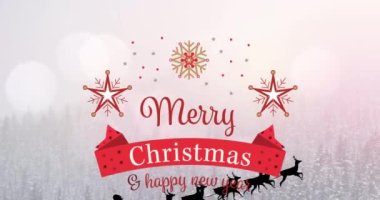 Kış manzarasında Noel Baba 'nın kızakta olduğu mutlu noel mesajlarının animasyonu. Noel, kış, gelenek ve kutlama konsepti dijital olarak oluşturulmuş video.