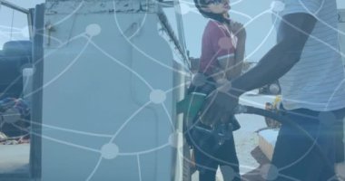 Benzin istasyonundaki insanlar üzerinde finansal veri işleme animasyonu. küresel akaryakıt işi finansal.