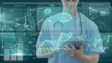 Dijital tablet kullanan erkek sağlık çalışanlarına karşı tıbbi veri işleme ile dijital arayüz. tıbbi araştırma ve teknoloji konsepti