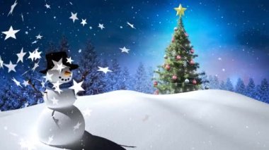Kış manzarasına kardan adamla düşen noel yıldızlarının animasyonu. Noel, gelenek ve kutlama konsepti dijital olarak oluşturuldu.