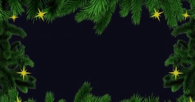 Köknar ağacı animasyonu ve düşen yıldızlar üzerine noel süslemeleri. Noel, kış, gelenek ve kutlama konsepti dijital olarak oluşturulmuş video.
